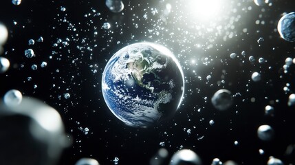 Earth in Space Surrounded by Asteroids and Meteoroids