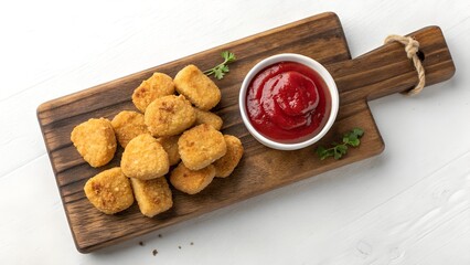 Naklejka premium Crispy Nuggets and Zesty Dip: A mouthwatering arrangement of golden, crispy chicken nuggets and a vibrant, zesty dipping sauce are artfully presented on a rustic wooden board.