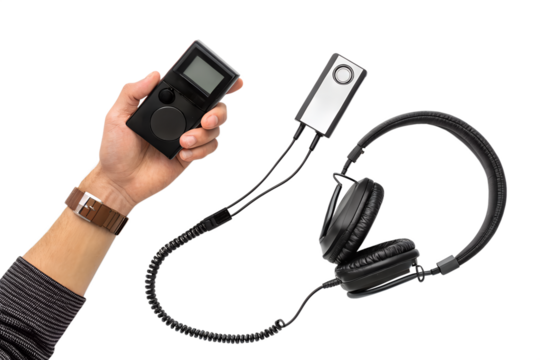 Classic portable music player with headphones and remote controller