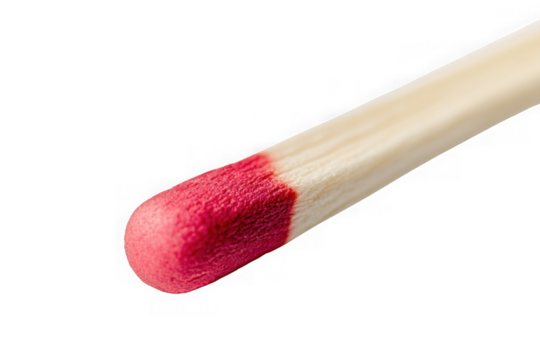 A single matchstick with a vibrant red tip and natural wooden stem captured in sharp detail against a white background for minimalist artistic inspiration
