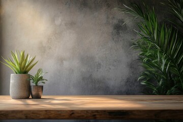 Potted Plants on Wooden Table Against a Concrete Wall Background