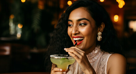 Young asian female enjoying margarita in elegant bar setting