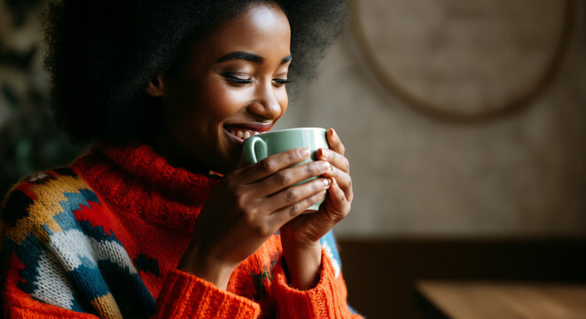 Smiling african young woman enjoying warm drink in cozy sweater