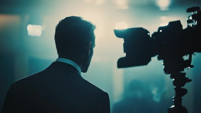 Backlit political leader pivoting head during televised interview, standing under bright spotlights in shadowy press conference room, creating dramatic silhouette against dark background
