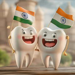 3d imags The image shows two cartoon tooth characters Raising the teeth indian flag