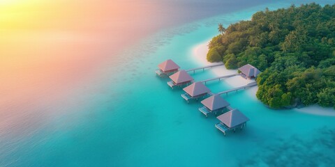 Obraz premium Luxury overwater villas in tropical paradise at sunset near a lush island in a crystal-clear ocean