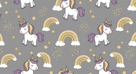 Charming Unicorn Rainbow Pattern Gray Gold Pastel AI Generated