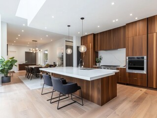 Fototapeta premium A kitchen with a white counter and a brown island. There are two chairs in the kitchen. A potted plant is on the counter