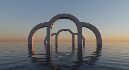 Serene Sunset Arches 3D Render Calm Water Reflections AI Generated