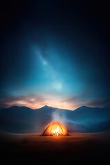 Campfire glowing warmly inside a tent under starry night sky in a mountain landscape during twilight