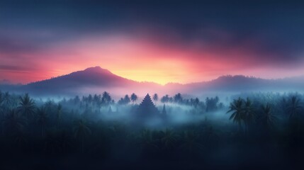 Majestic sunrise over misty mountains and lush tropical forests in a serene landscape