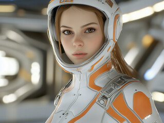 Young female astronaut wearing spacesuit and helmet in spacecraft