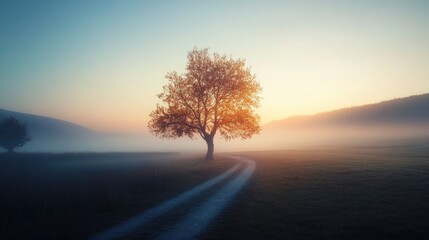 Lone Tree Standing on Misty Path at Sunrise in Peaceful Landscape