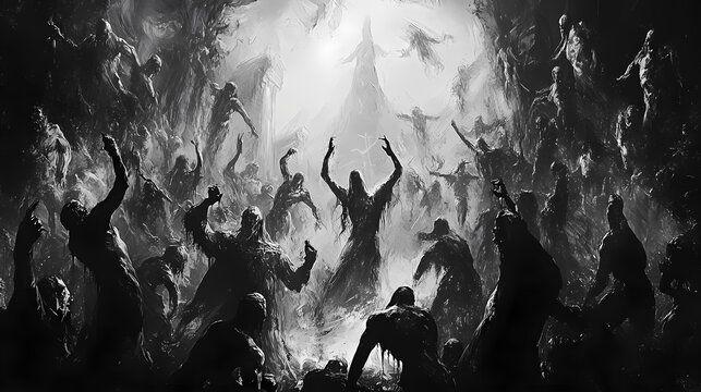Blasphemous symphony: an unsettling portrayal of demonic figures orchestrating chaos in a forsaken realm. Forsaken Realm. Illustration