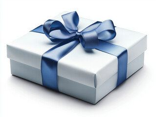 Elegant white gift box with blue bow on white background