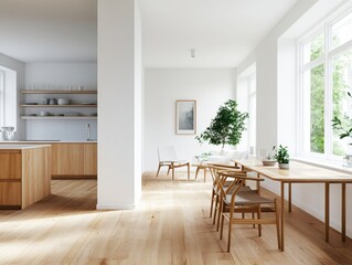 Fototapeta premium A large open living room with a wooden table and chairs. A potted plant is on the table