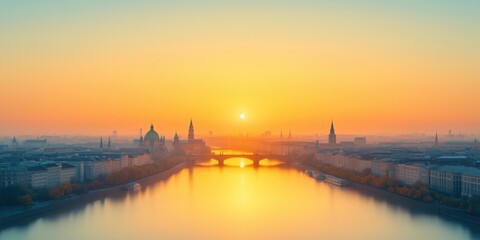 Stunning sunset over a river reflecting the skyline of a historical city during early morning light