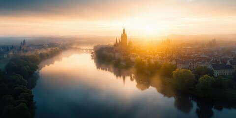 Fototapeta premium Golden sunrise over a historical cityscape with reflections on a calm river
