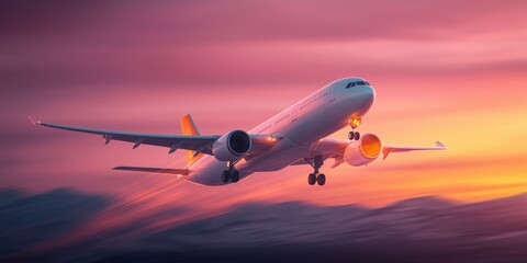 Obraz premium Airplane taking off during sunset with colorful sky and dramatic clouds in the background