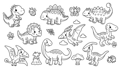 Set of cute cartoon dinosaurs and prehistoric elements for coloring books, crafts and kid activities