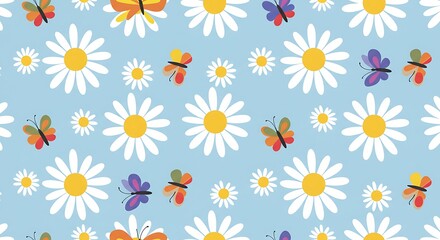 Daisies And Butterflies Delightful Pastel Pattern AI Generated