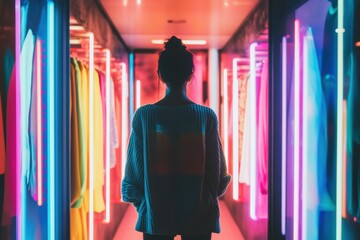 Exploring a modern fitting room filled with vibrant lighting and fashionable clothing choices