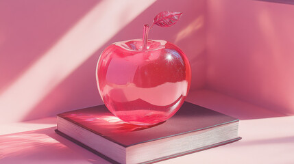 A clear resin apple sculpture with gentle pink coloring, standing on top of a monochrome book, morning light casting gentle reflections and long shadows