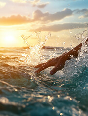 Hand touching ocean water at sunset creating splashing waves