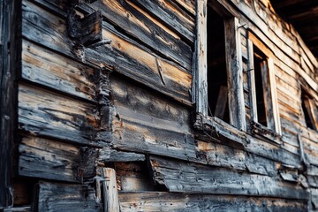 The decaying wooden walls of an old structure show signs of weathering and neglect, illuminated by the warm light of the late afternoon sun, capturing a moment of tranquility in nature