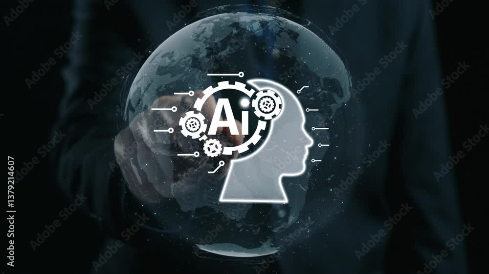 Poster human interact with ai artificial intelligence brain processor in concept of ai artificial intellige