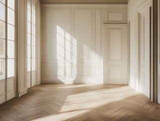A large room with a white door and windows. The room is empty and has a lot of natural light