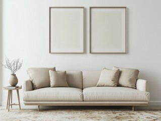 A white couch with two pillows on it. A vase is on a table next to the couch