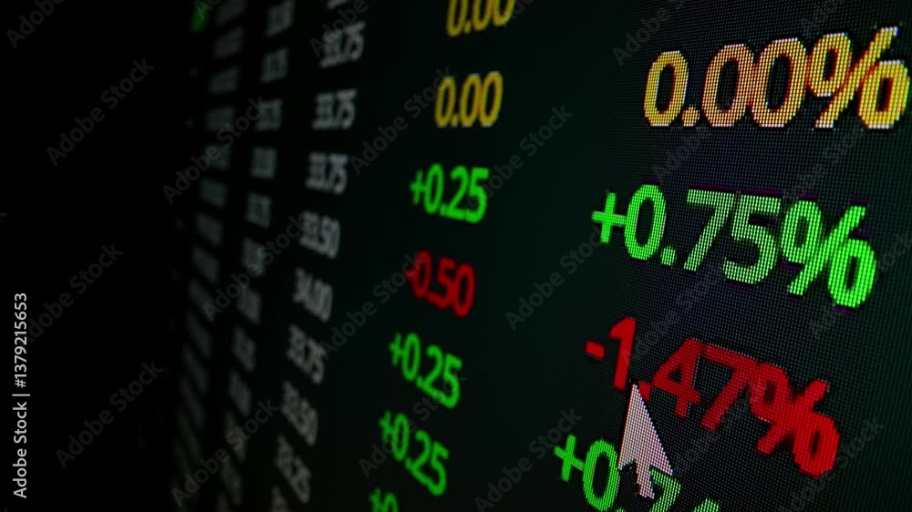 Poster closeup macro shot movement of stock exchange board, trader monitor led screen, analyzing data and t