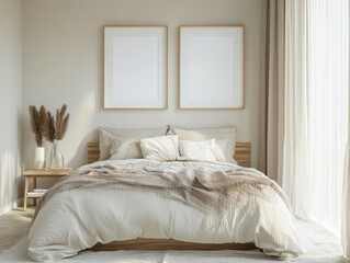 A bed with a white comforter and a brown blanket is neatly made. A white pillow is placed on top of the bed. The bed is situated in a room with a white wall and a wooden floor