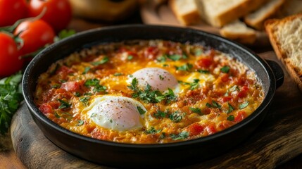 Fototapeta premium Savory Shakshuka with Poached Eggs in Cast Iron Skillet