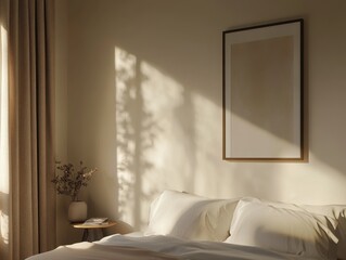 A bed with a white sheet and pillows. A framed picture is on the wall. A vase with flowers is on a table