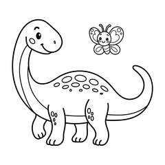 Friendly cartoon sauropod dinosaur and butterfly illustration made for childrens coloring activities