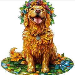 Ultrarealistic glittering 3D stained glass Delicate stained glass a bright and happy golden retriever A dog tag around his neck and a wreath of flowers on his