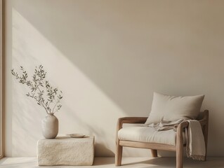 A chair is sitting in front of a window. A vase with a plant in it is on a table. A white pillow is on the chair