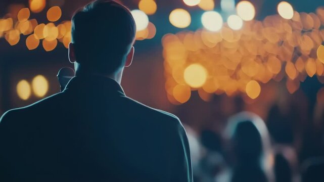 Male politician standing at podium, addressing large crowd during nighttime outdoor rally, illuminated by festive string lights and creating engaging political atmosphere