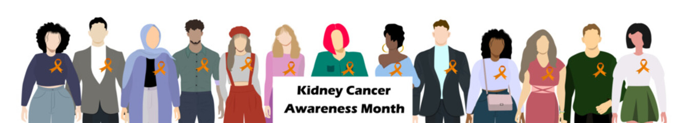 Obraz premium Young modern men and women with a holds a banner in her hands with the inscription Kidney Cancer Awareness Month. Human Kidney health concept. Vector illustration. Not AI generated