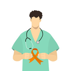  Doctor with orange ribbon for Kidney Cancer Awareness Month. Healthcare and world cancer day concept. Vector illustration Not AI generated