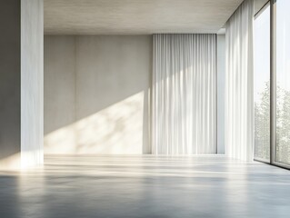 Obraz premium A large room with a white curtain on the window. The curtain is open and the room is empty