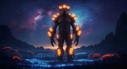 Illuminated giant stands majestically in a starry cosmic environment, creating a sense of wonder and fantasy. Artistic vision concept