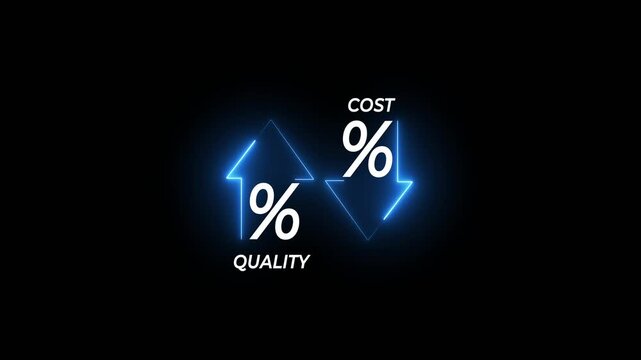 Quality and cost control concept on transparent background. Successful organization strategy and management quality control. Percentage icon of quality with up arrow and cost with down arrow.
