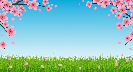 Spring Serenity Pink Blossoms And Green Grass AI Generated