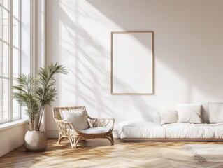 A white room with a white couch and a chair. A large window is open to the outside