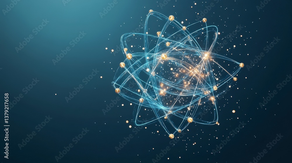 Poster abstract illustration of an atom with glowing particles on a gradient background.