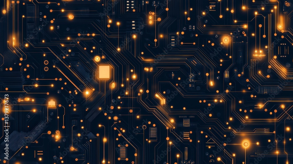Poster abstract circuit board design featuring illuminated pathways and connections.