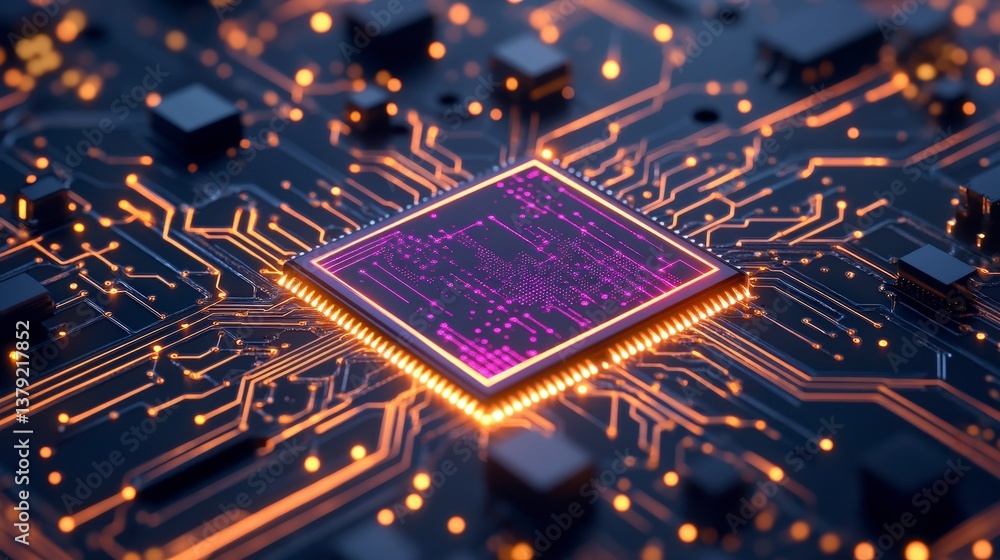 Poster close-up of a microprocessor with intricate circuits and glowing connections, showcasing technology 